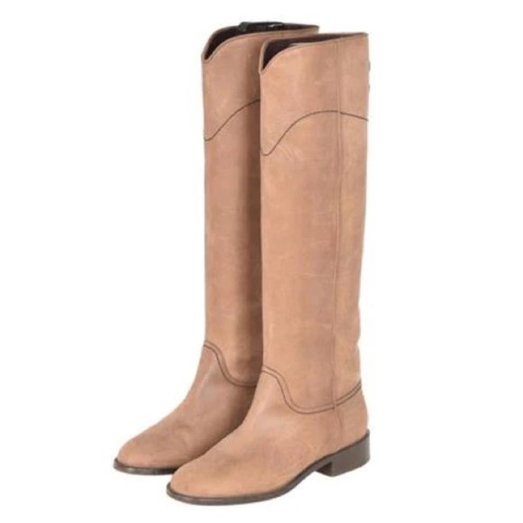 Chanel CC Logo Marron Clair Nubuck Leather Knee High Tall Riding Boots 37 - Picture 2 of 4